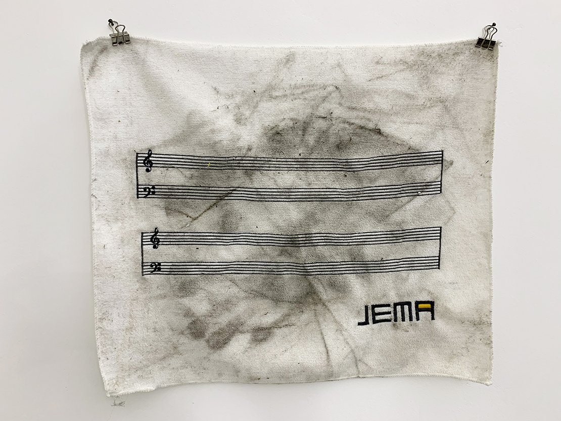John Erickson Museum of Art Dust Music Cloth, embroidered fabric, 15 1/2 x 18 inches, 2022. 