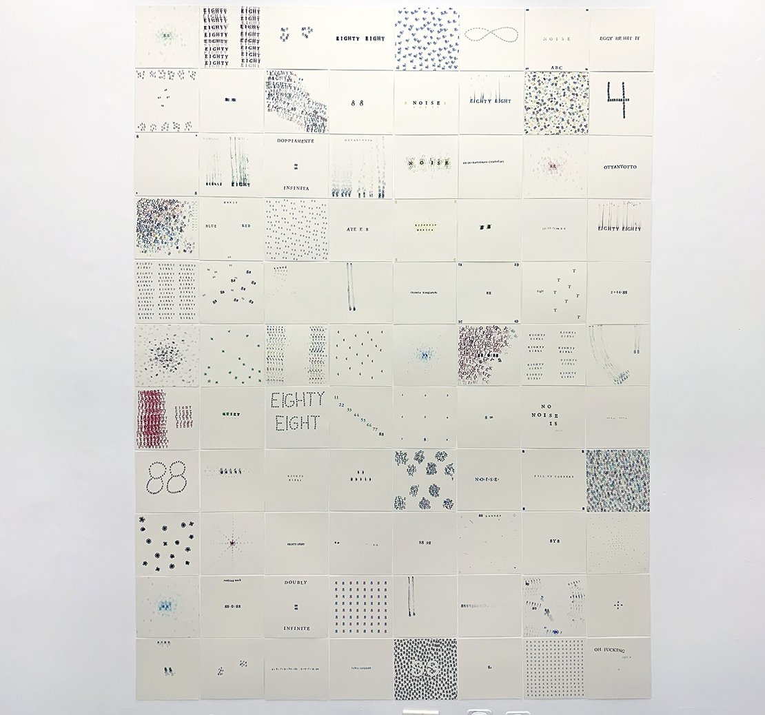 Jack Massing, OTTANtotto (grande), 2022, 88 8 x 8 inch pieces of paper with rubber stamp impressions, (installation dimensions variable), 88 20.3 x 20.3 cm pieces