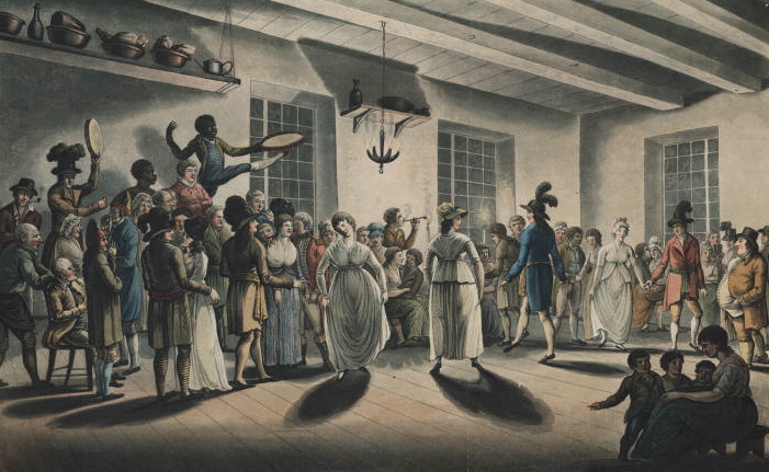  "Minuet of the Canadians" (George Heriot, 1807) Dance with white fiddler accompanied by white and black tambourine players 