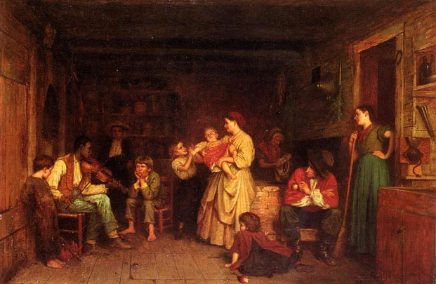 “Fiddling His Way” (Eastman Johnson, 1866) Black fiddler entertains a rural white family