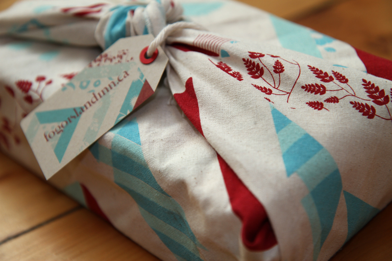 Textile wrap and label signed lovingly by Fogo Island local