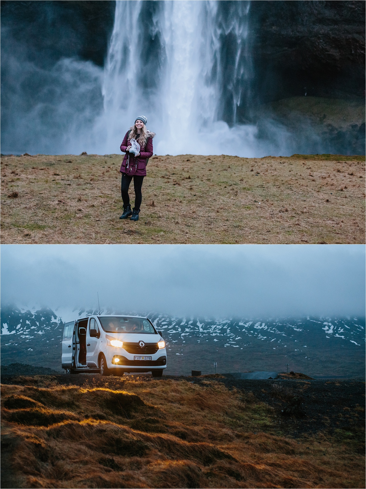 Me in front of Seljalandsfoss and our van in the middle of nowhere. :)