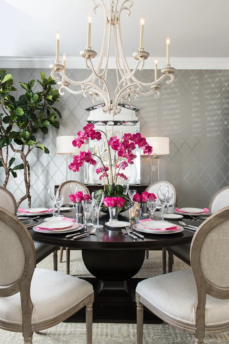 There's nothing dated about the metallic, cool gray wallpaper in this home in Plano.
