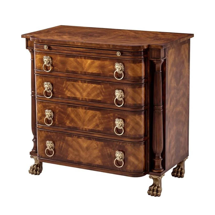 Another Regency reproduction by English Georgian America, this mahogany chest of drawers has both lion mask drop handles and lion’s paw feet. Available from their website.