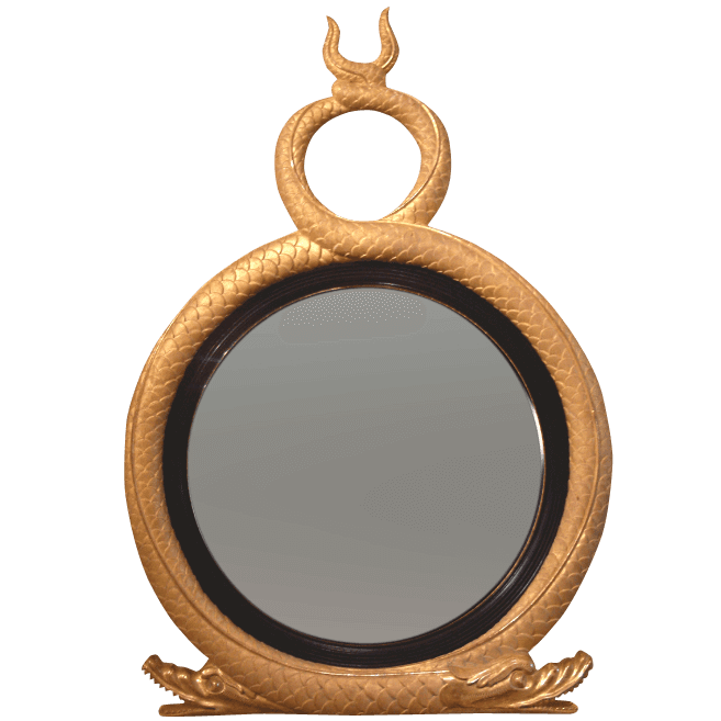 This Regency-style convex mirror is sold by English Georgian America and features two gilded serpents. Click here for more information.