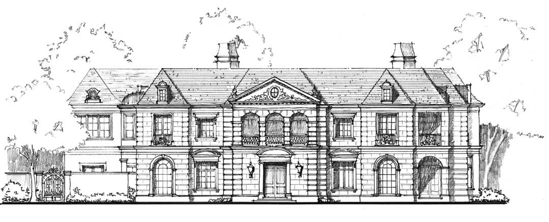Architect Robbie Fusch designed this home on Lexington. Like any Neoclassical home should, it favors symmetry over asymmetry. (This photo and drawing are copyright of Fusch Architects, Inc . Chambers Interiors & Associates was granted permission to feature these images).