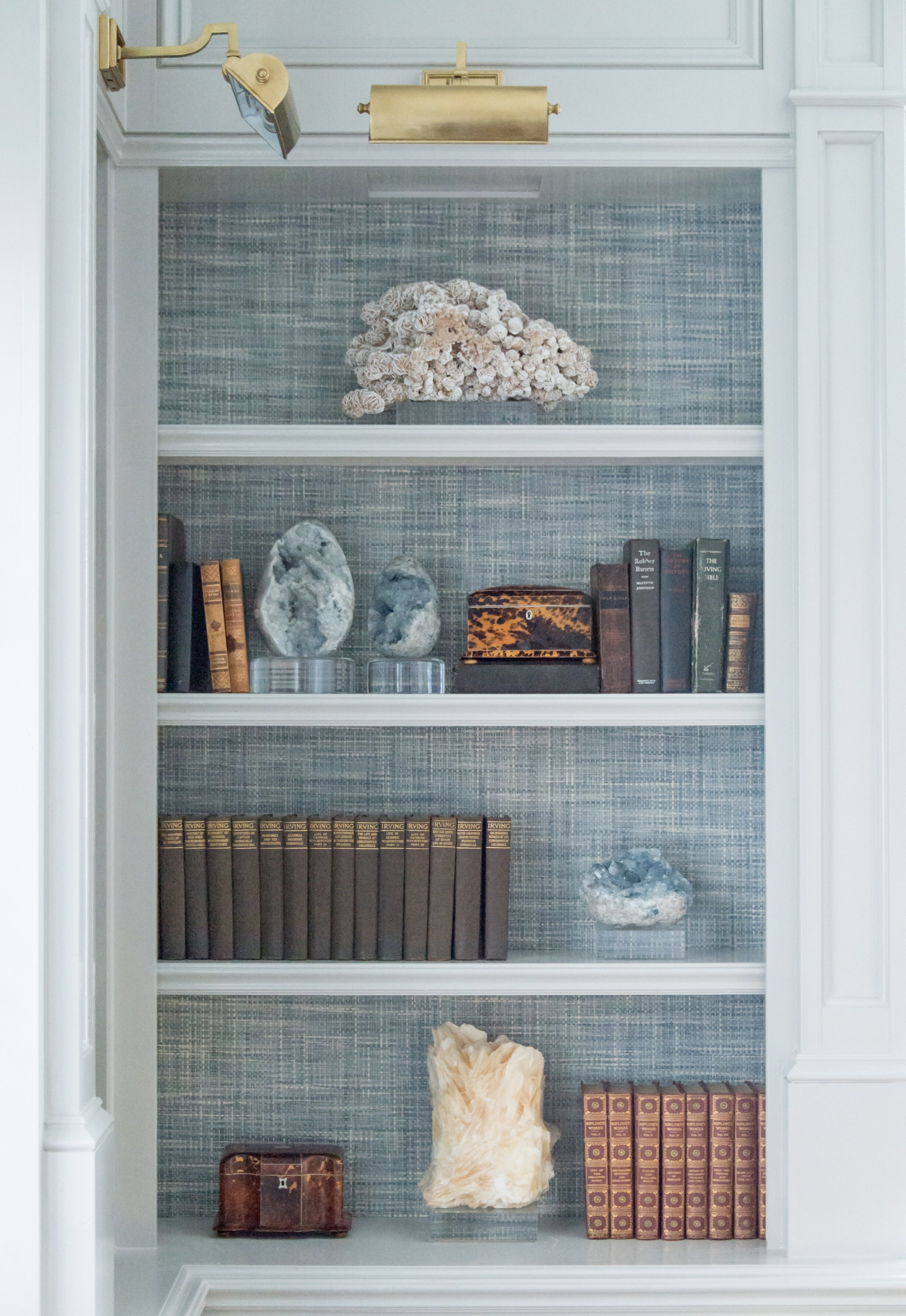 Our Bookshelf with Beadboard Wallpaper  Sincerely Marie Designs