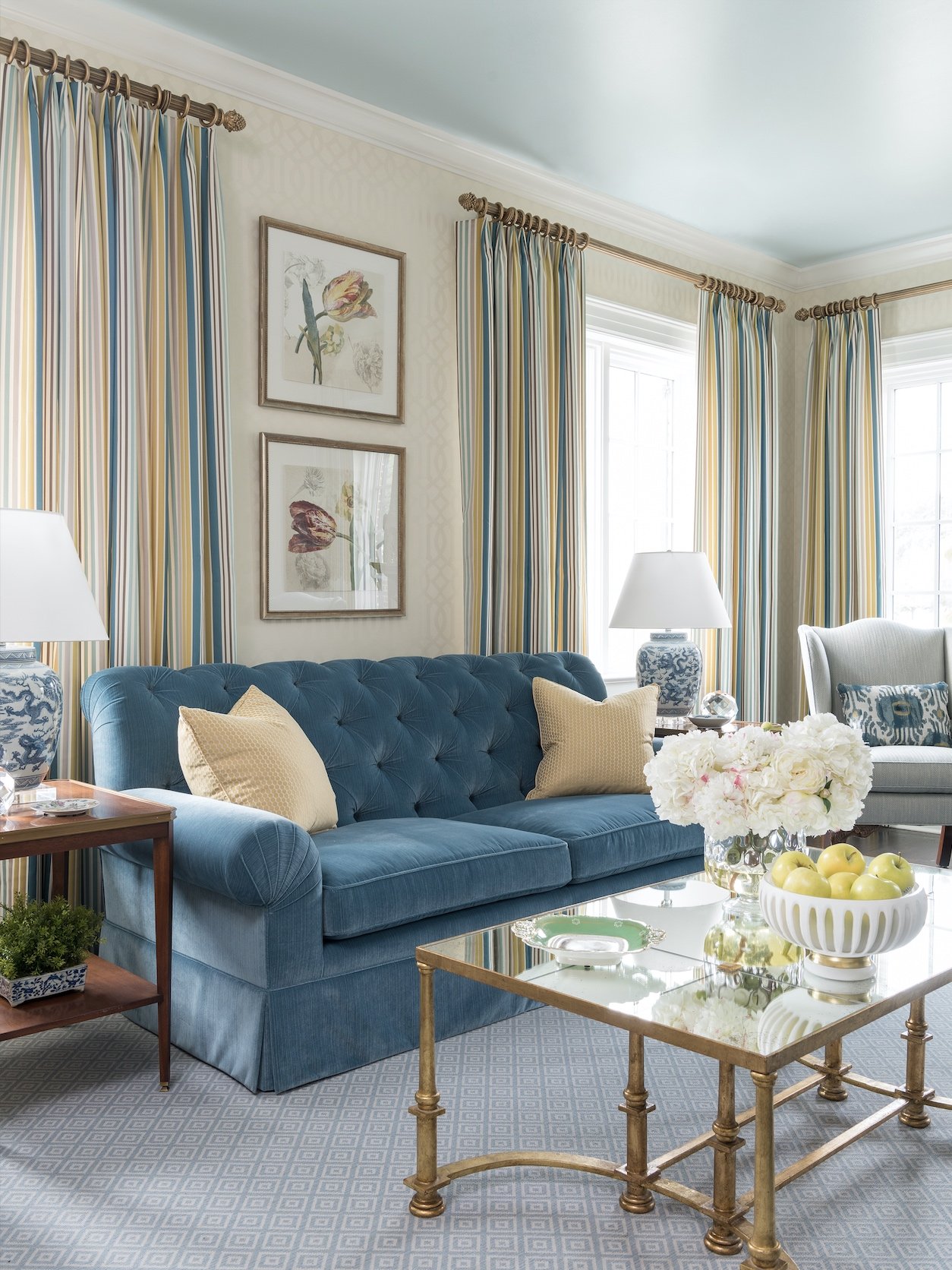 Iconic Home Chateau Sofa Two-Tone Design Gold Metal Legs Blue
