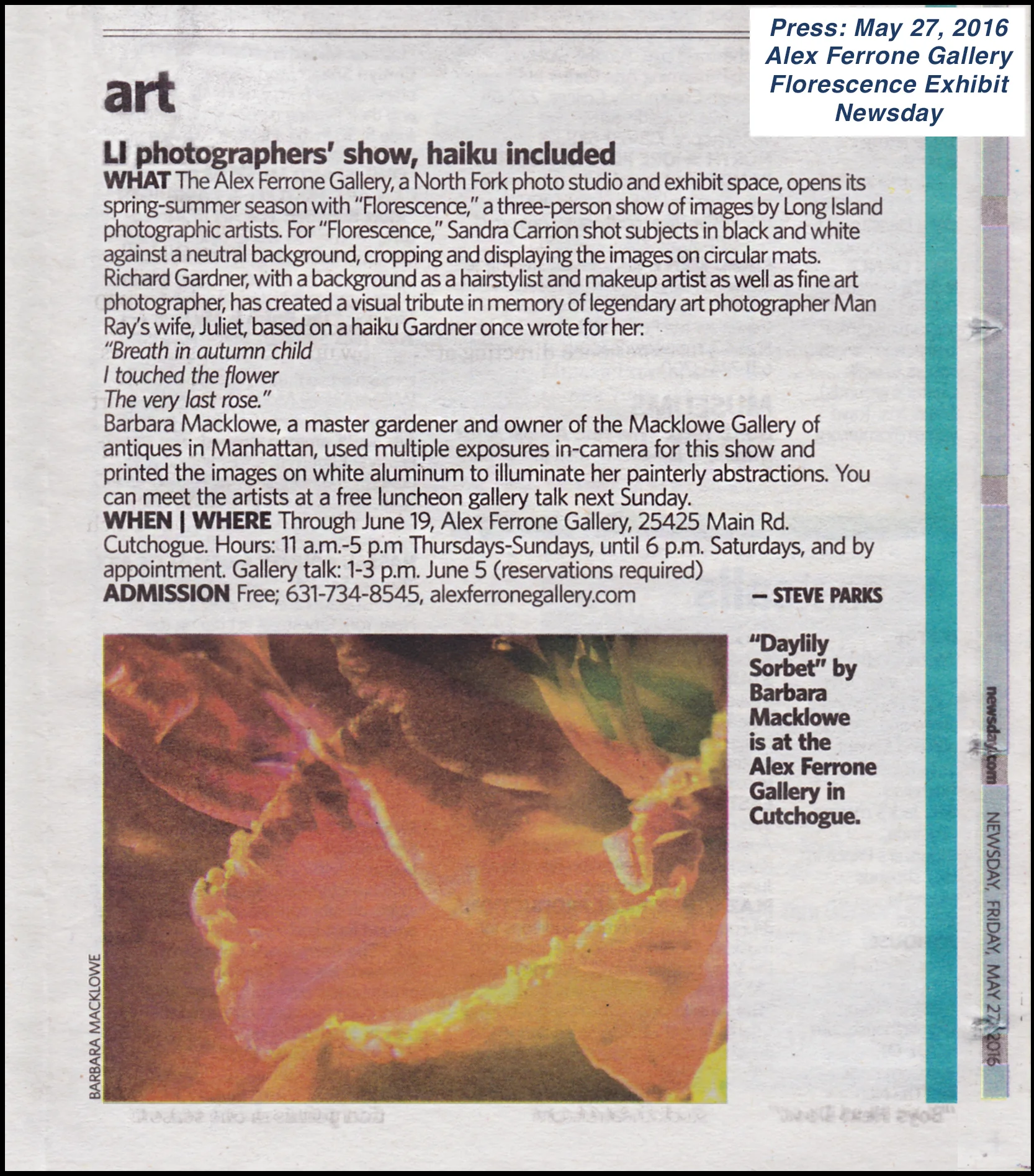 Florescence in Newsday: Friday, May 27, 2016