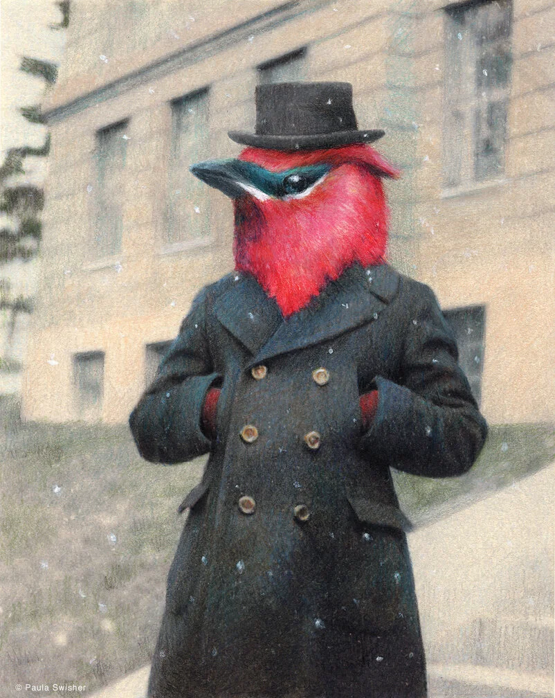 Paula Swisher - Cedric in the Snow - Colored pencil gouache and ink on paper.jpg