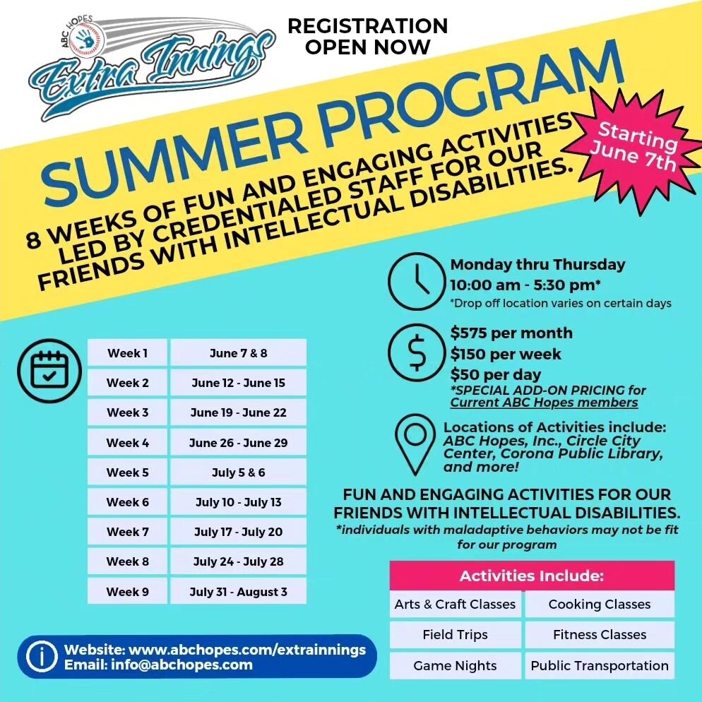 Some pretty awesome activities are planned for our Extra Innings Summer Program participants. Don't miss your chance to join the fun!

🗓 June 7th - August 3rd. Mon. - Thurs.
🕙 10AM to 4:30PM. 
Activities include: 🚍🚅🎨👨&zwj;🍳🌿💃⛳️🥩✈️

Registra