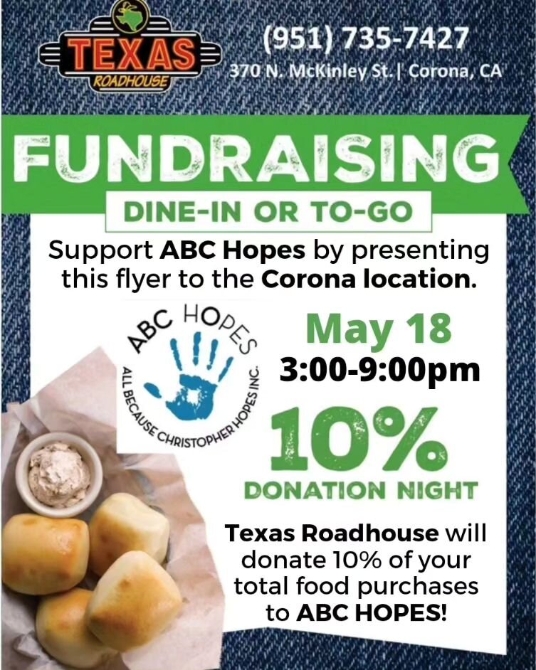 Dinner plans? JOIN US for our monthly fundraiser at @texasroadhouse now til 9:00PM. 

Any dine-in or take-out orders count, just tell them you are coming to support @abc_hopes. 

#abchopes #texasroadhouse #dinner #nonprofit #community #support #eatlo