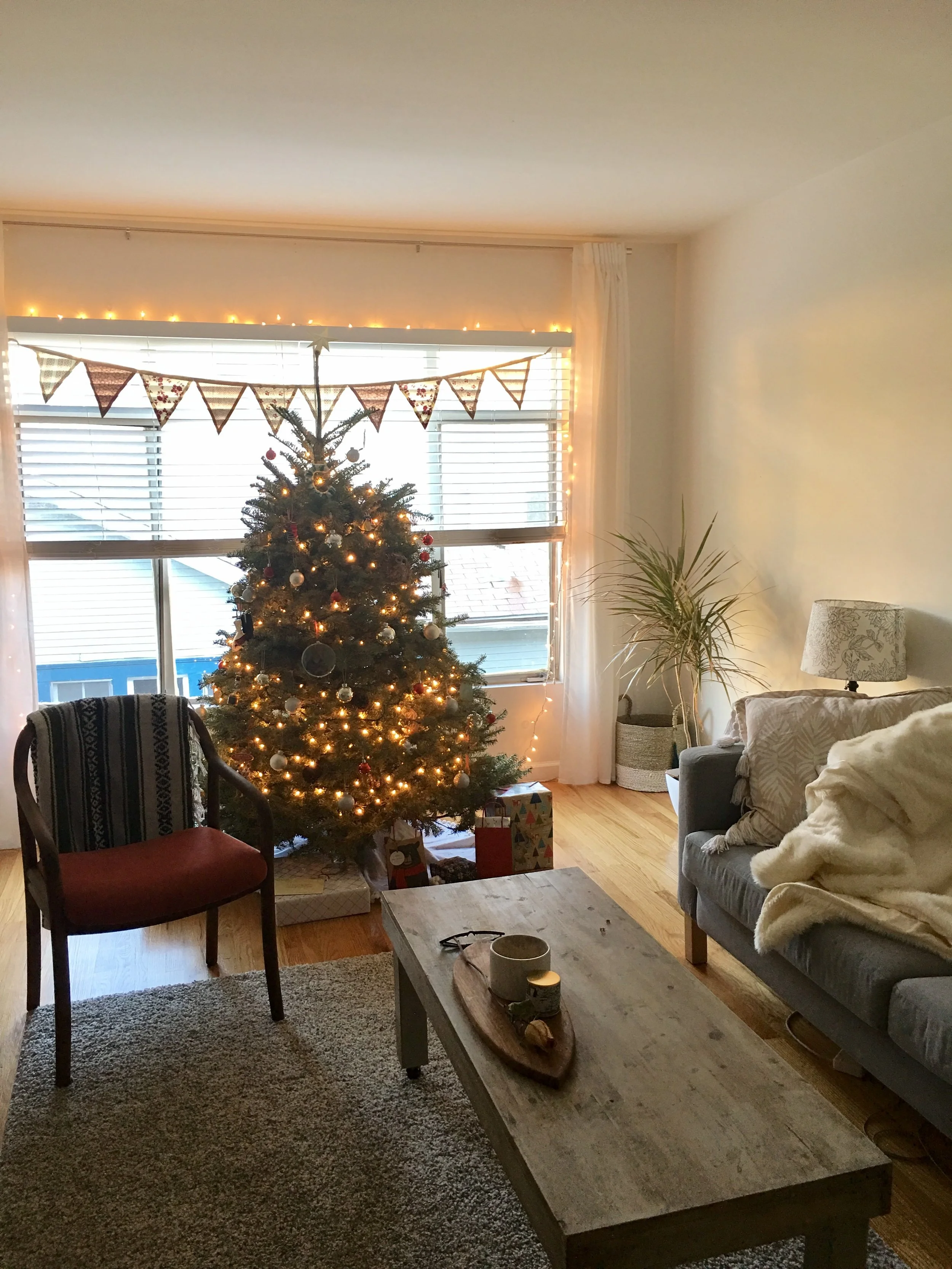 Our home on Christmas morning. (Do not buy this couch.)
