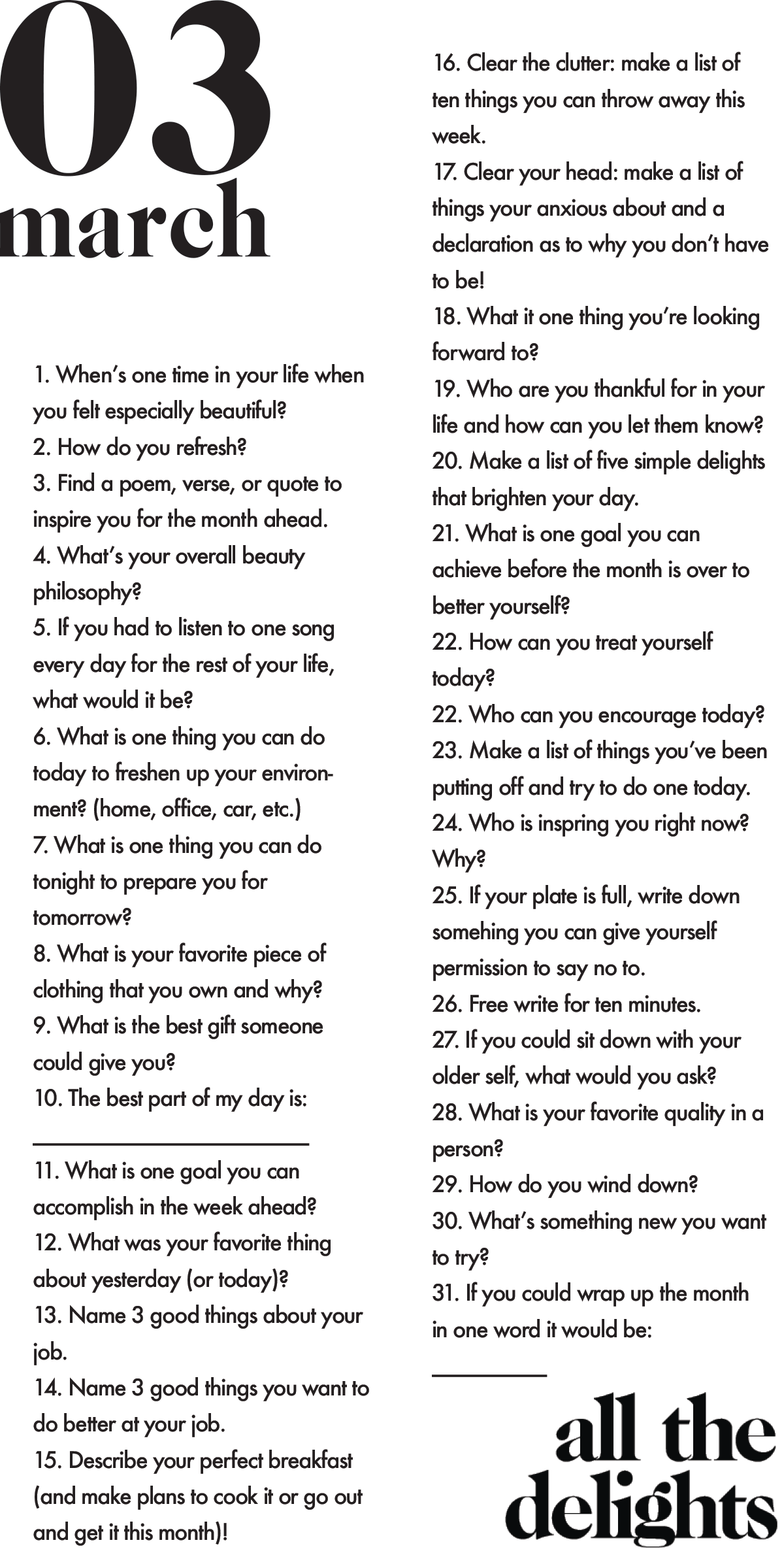 March Journal Prompts — All the Delights