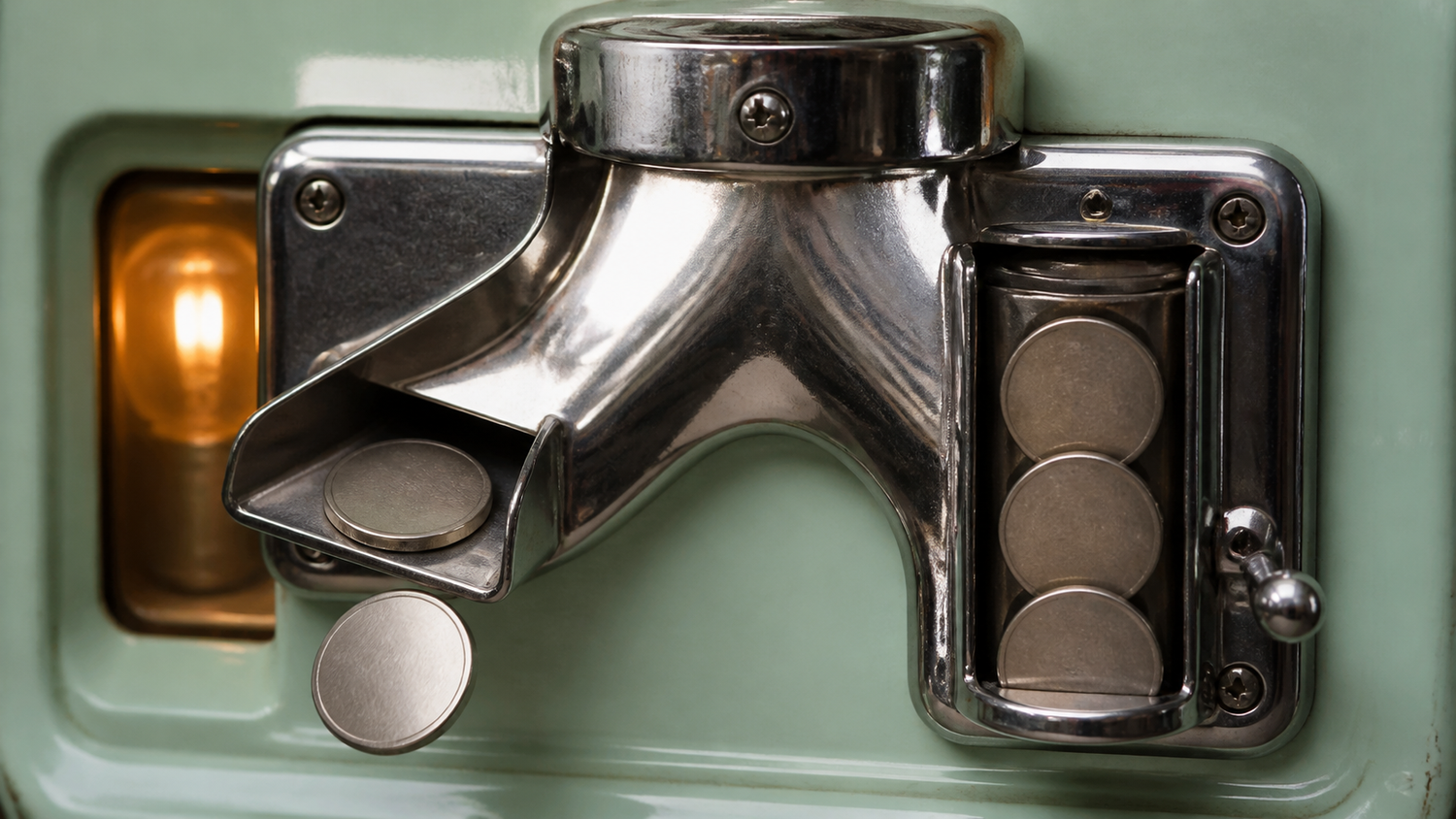 Gechromeerd muntkeuringsmechaniek op een zeegroen geëmailleerd paneel: het kanaal splitst in een aannamebuis met drie blanco metalen schijven en een open uitwerpgoot met een afgekeurde schijf