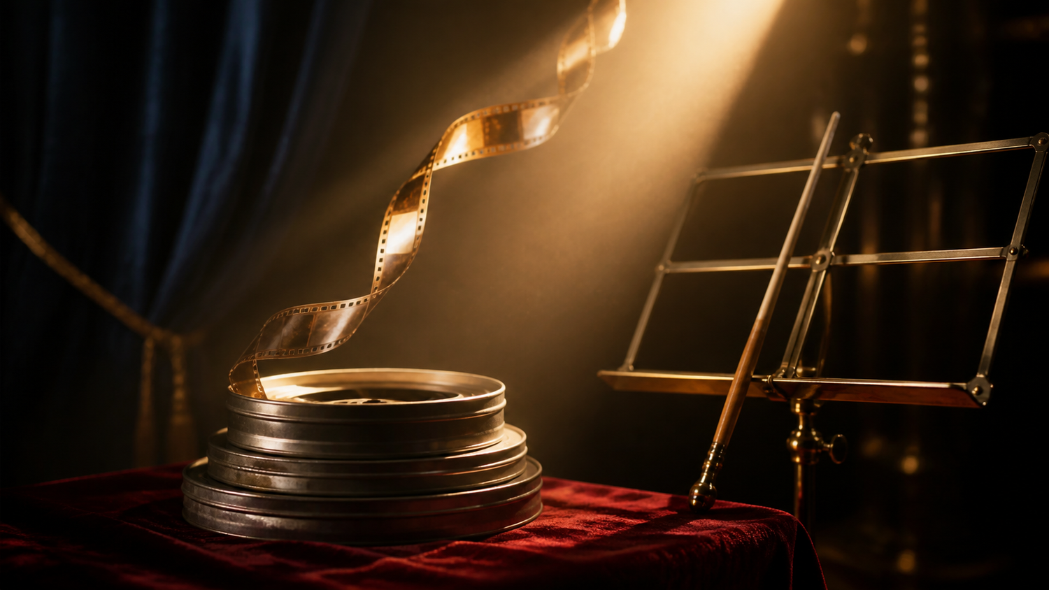 Open 35mm-filmblik met een krullende filmstrook in een projectorlichtbundel, naast een koperen orkestlessenaar met dirigeerstok op dieprood fluweel