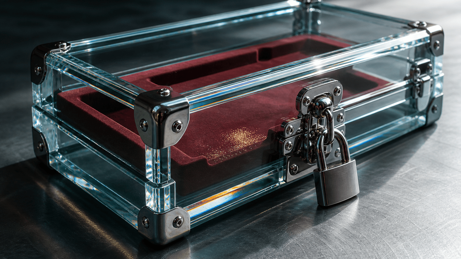 Een zware studioflightcase met wanden van dik optisch glas en gepolijst nikkelen hoeken, klemmen en hangslot, staand op een mat stalen dek; door het glas is de oxbloedrode fluwelen uitsparing te zien, die leeg is op een laagje goudstof in één hoek