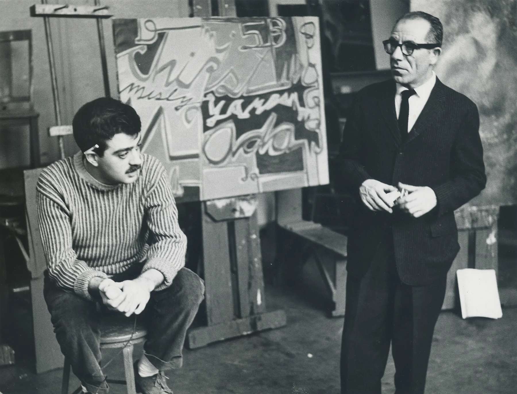 Boris Margo teaching at the School of the Art Institute of Chicago, 1958
96
Normal
0
false
false
false
EN-US
X-NONE
X-NONE
/* Style Definitions */
table.MsoNormalTable
{mso-style-name:"Table Normal";
mso-tstyle-rowband-size:0;
mso-tstyle-colband-size:0;
mso-style-noshow:yes;
mso-style-priority:99;
mso-style-parent:"";
mso-padding-alt:0in 5.4pt 0in 5.4pt;
mso-para-margin:0in;
mso-para-margin-bottom:.0001pt;
mso-pagination:widow-orphan;
font-size:12.0pt;
font-family:Calibri;
mso-ascii-font-family:Calibri;
mso-ascii-theme-font:minor-latin;
mso-hansi-font-family:Calibri;
mso-hansi-theme-font:minor-latin;}
1954-1958 continued Andrews’ interests are often at odds with the aesthetics of Abstract Expressionism that heavily influence the School of the Art Institute's curriculum. He finds encouragement with instructor Boris Margo, who pushes Andrews to pursue his own style and subject matter. In his final year, Andrews begins incorporating roughly collaged material into his painting, a technique he will continue throughout his career.