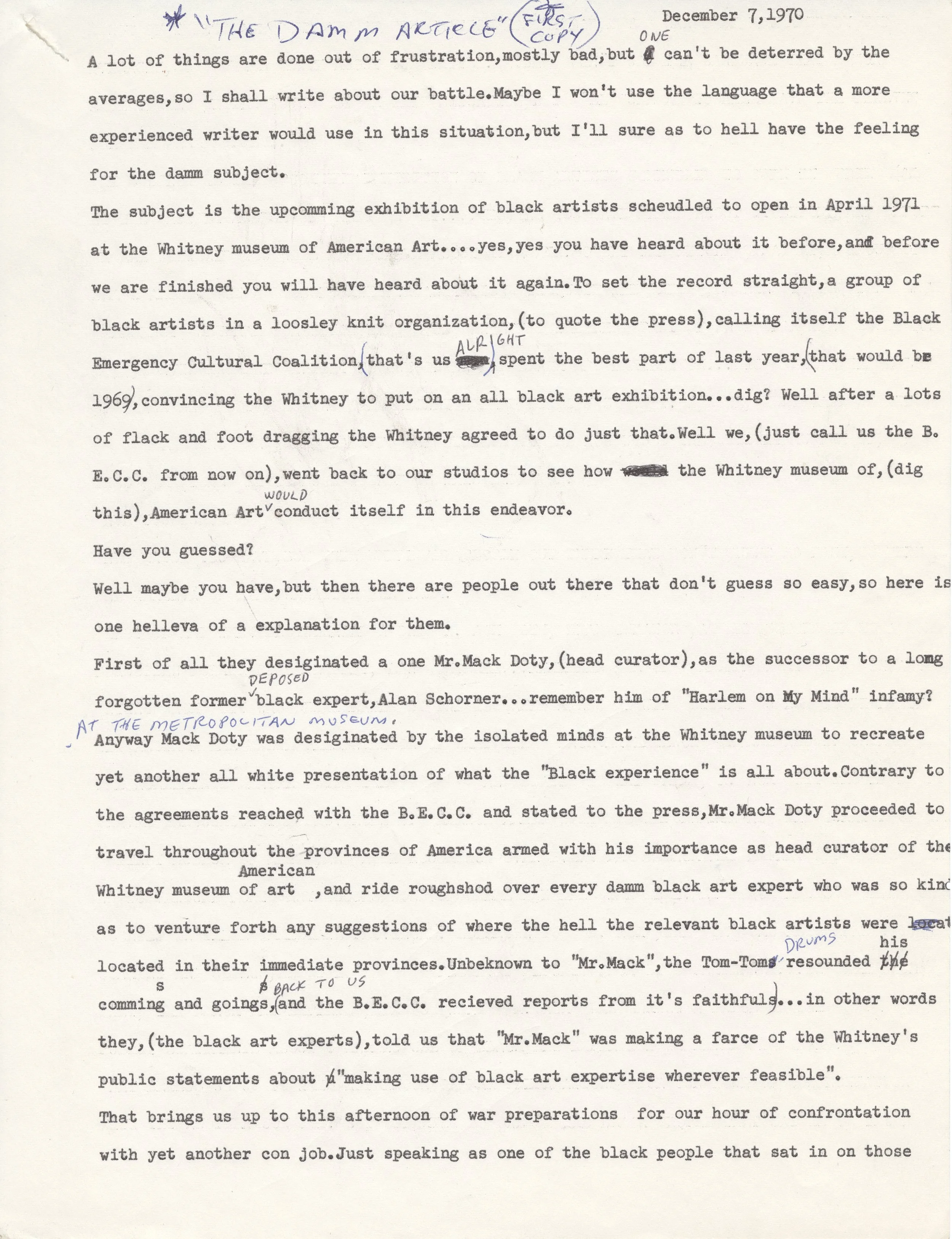 "The Damn Article, " (first draft), December 7, 1970