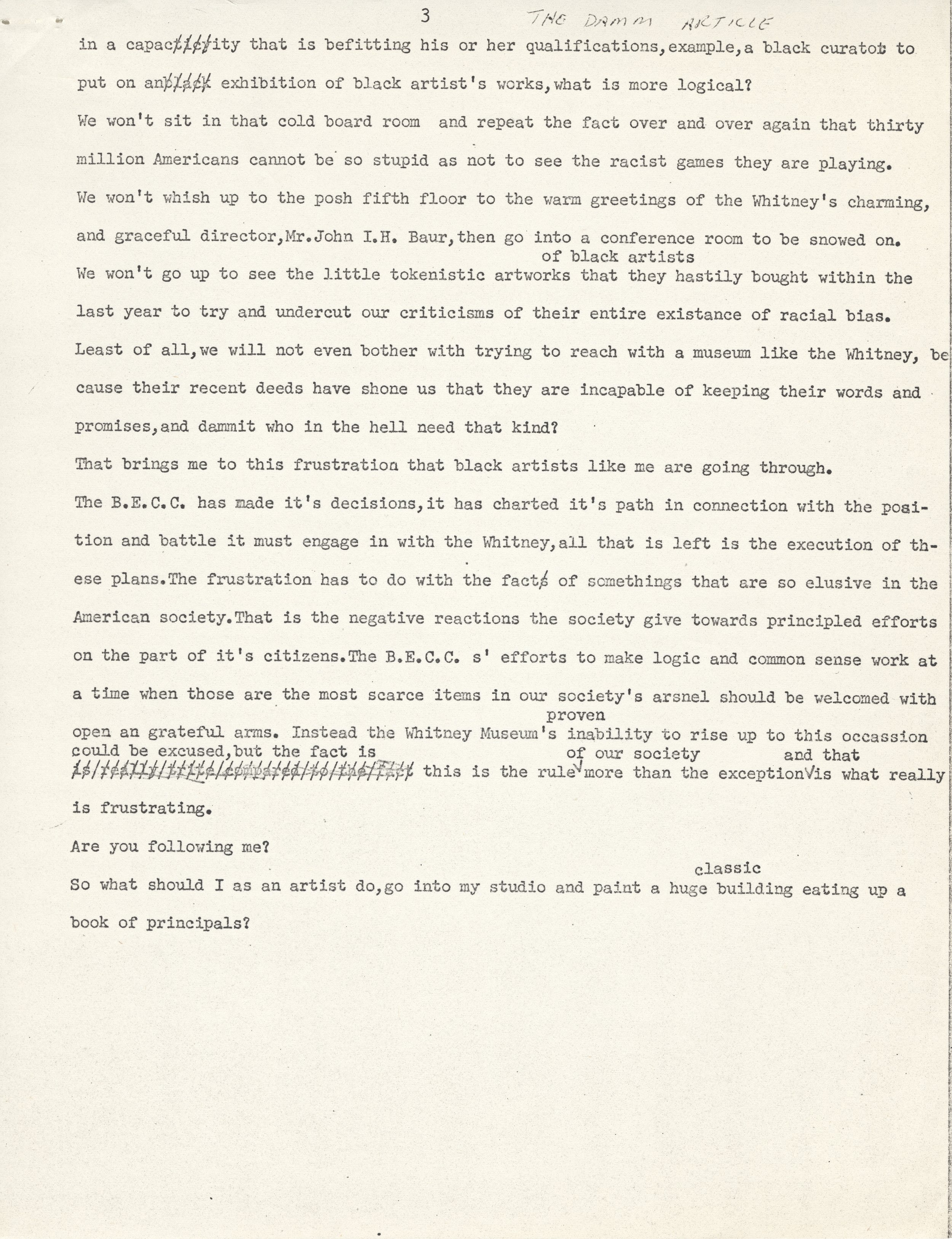  Typewritten later draft of Andrews’s essay “The Damn Article.” dated January 8, 1971 