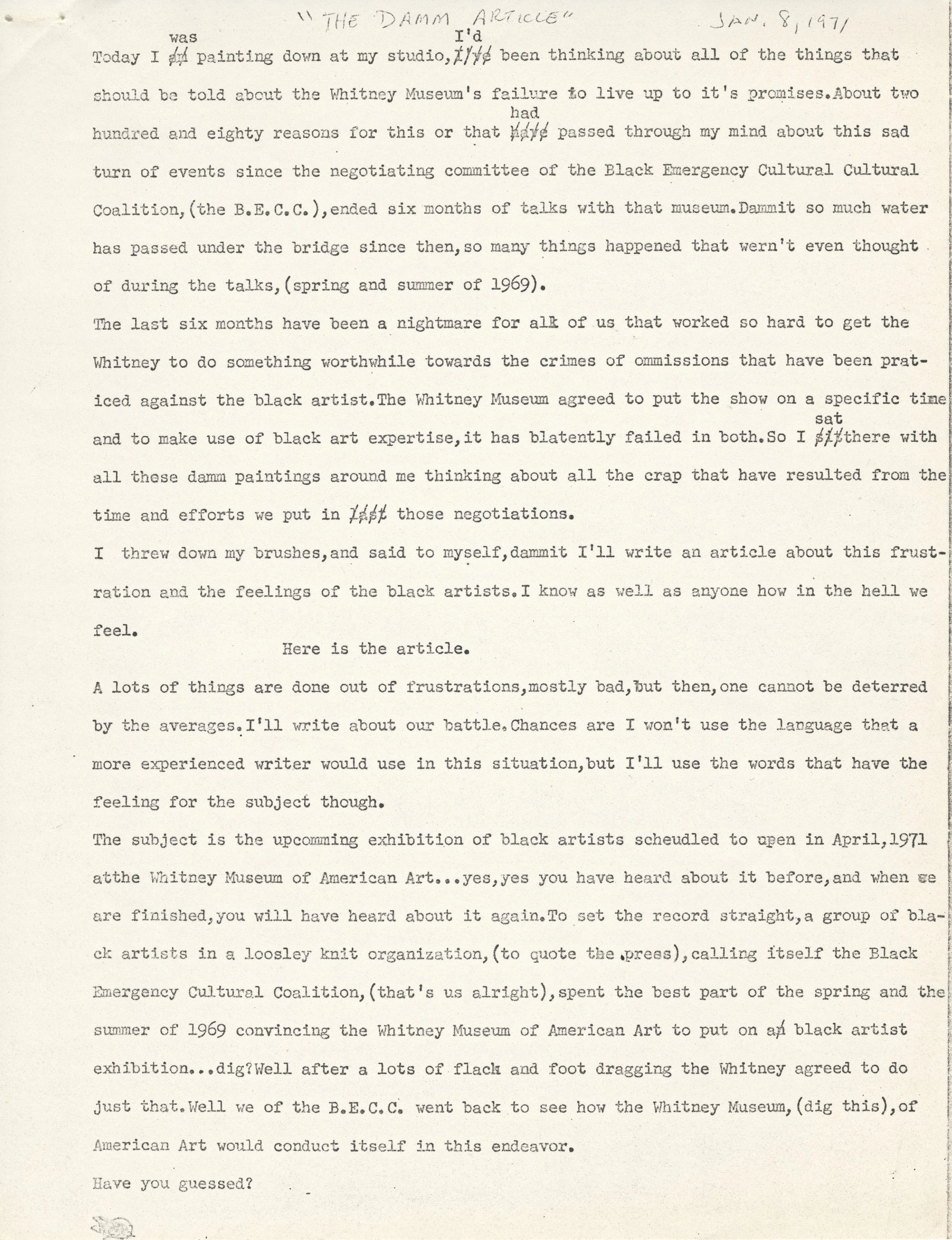 "The Damn Article, " (later draft), January 8, 1971