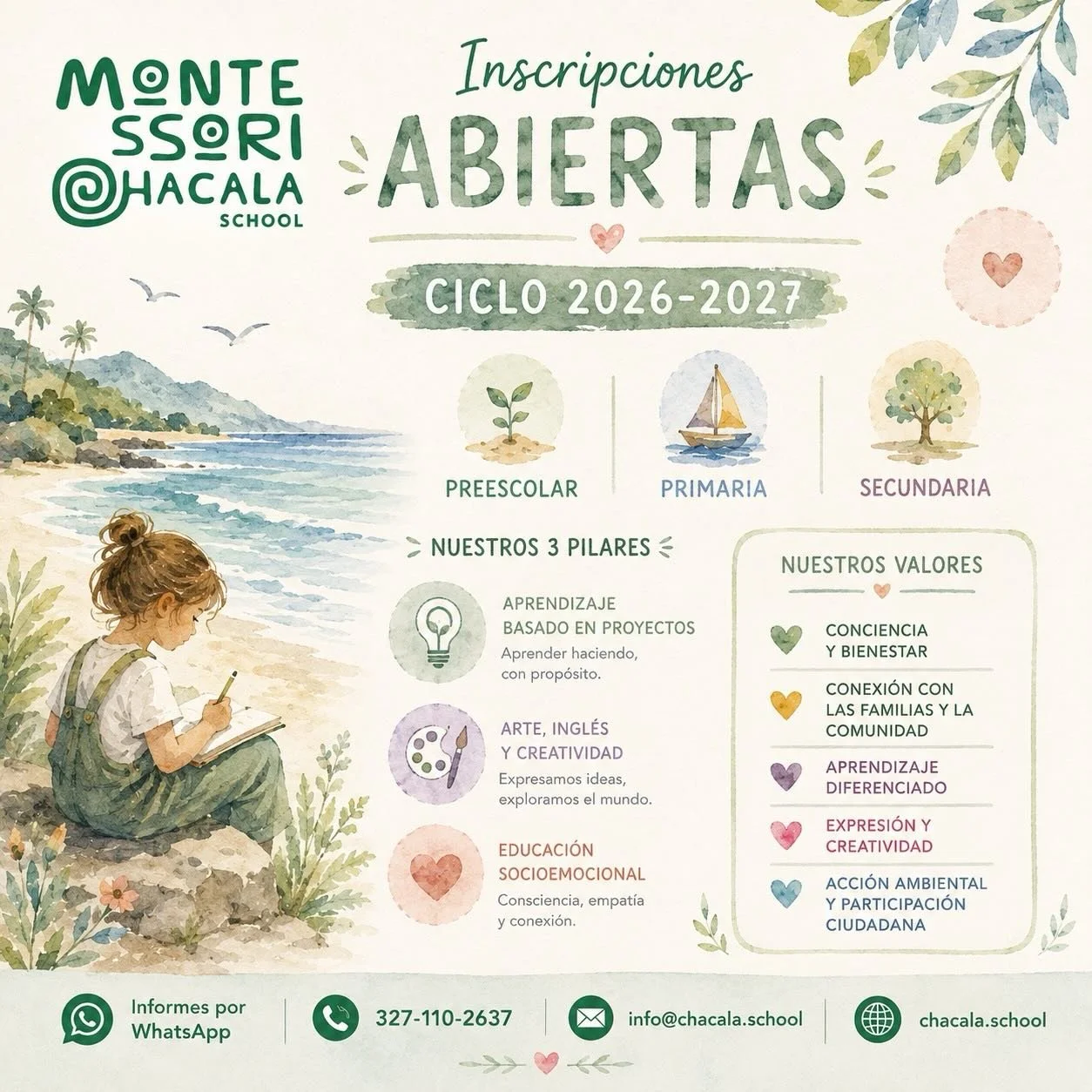 ✨ Inscripciones Abiertas ✨

En Montessori Chacala creemos que la educaci&oacute;n va m&aacute;s all&aacute; de las aulas. Aqu&iacute; aprendemos explorando, creando, conectando con la naturaleza y participando activamente en nuestra comunidad.

🌱 Pr