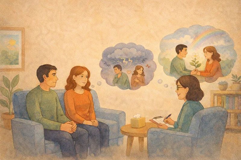 Illustration of a couple in Imago couples therapy working to reduce negativity and build emotional safety