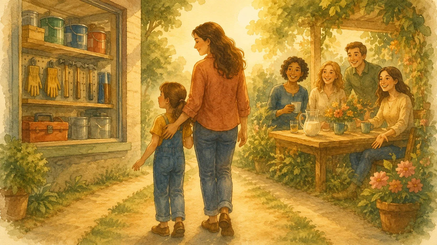 Illustration of a woman leaving a hardware store and moving toward a supportive chosen family, symbolizing healing, attachment, and emotional nourishment.