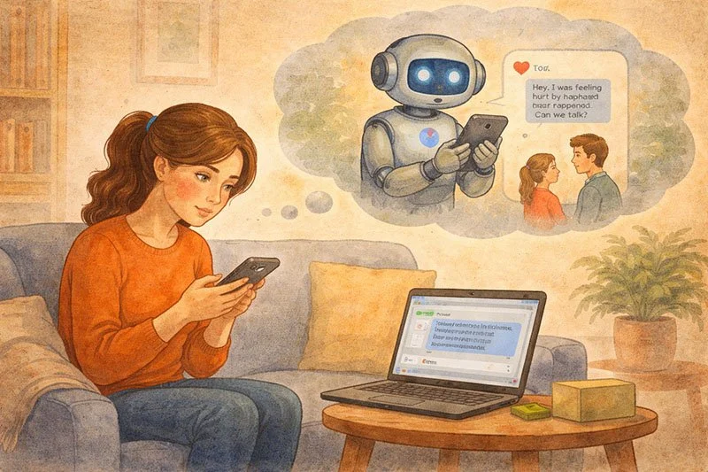 Illustration of a woman using AI to help with a difficult relationship conversation, representing emotional outsourcing and communication