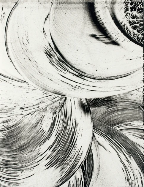 (above) lithographic print of the carborundum grit pattern, pattern chemically stabilized onto limestone.