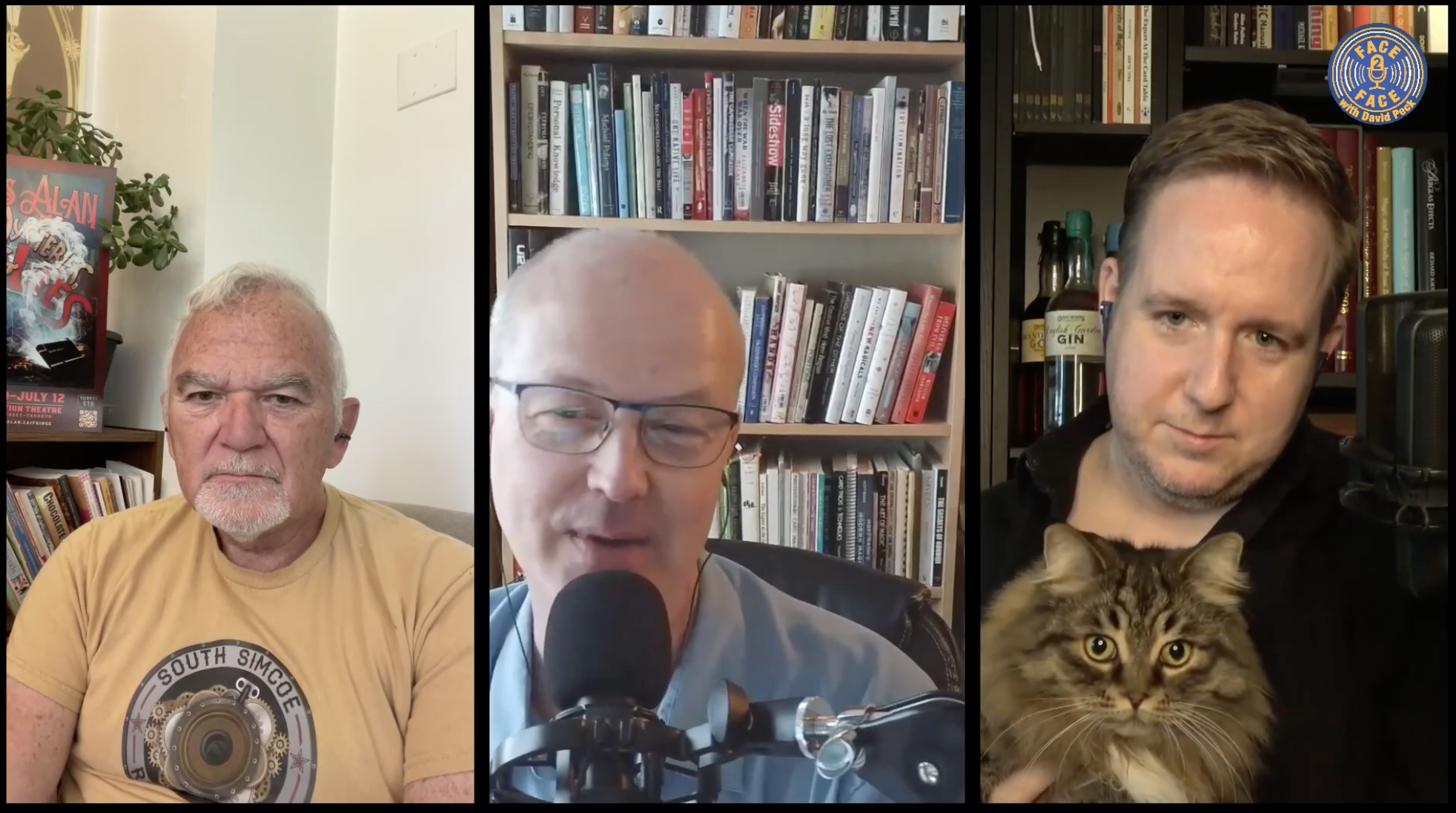 Screen capture from a video call. Three panes, James Biss, David Peck backed by books and James Alan accompanied by Bella the cat