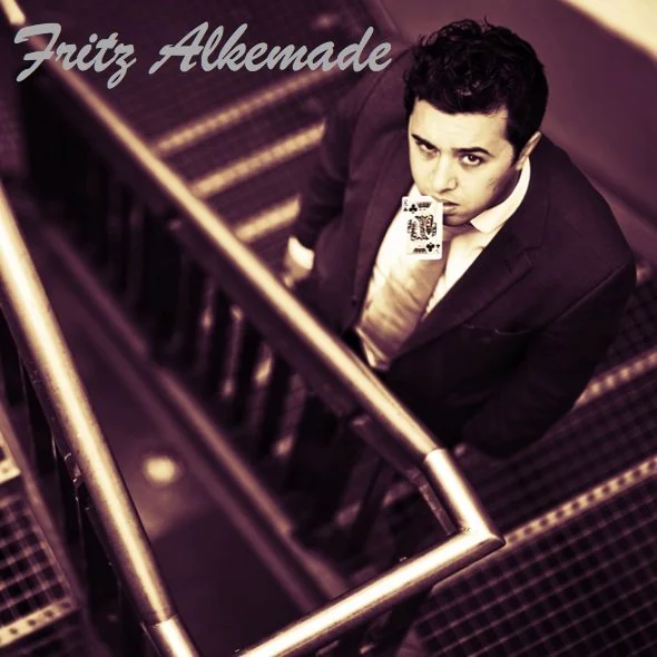 Fritz Alkemade on a fire escape with playing card in his mouth
