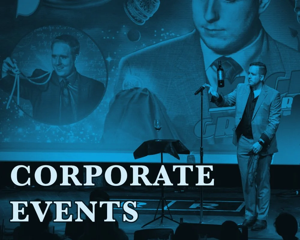 Link to Corporate Events Page James Alan standing on stage at the Rec Room with a floating wine bottle
