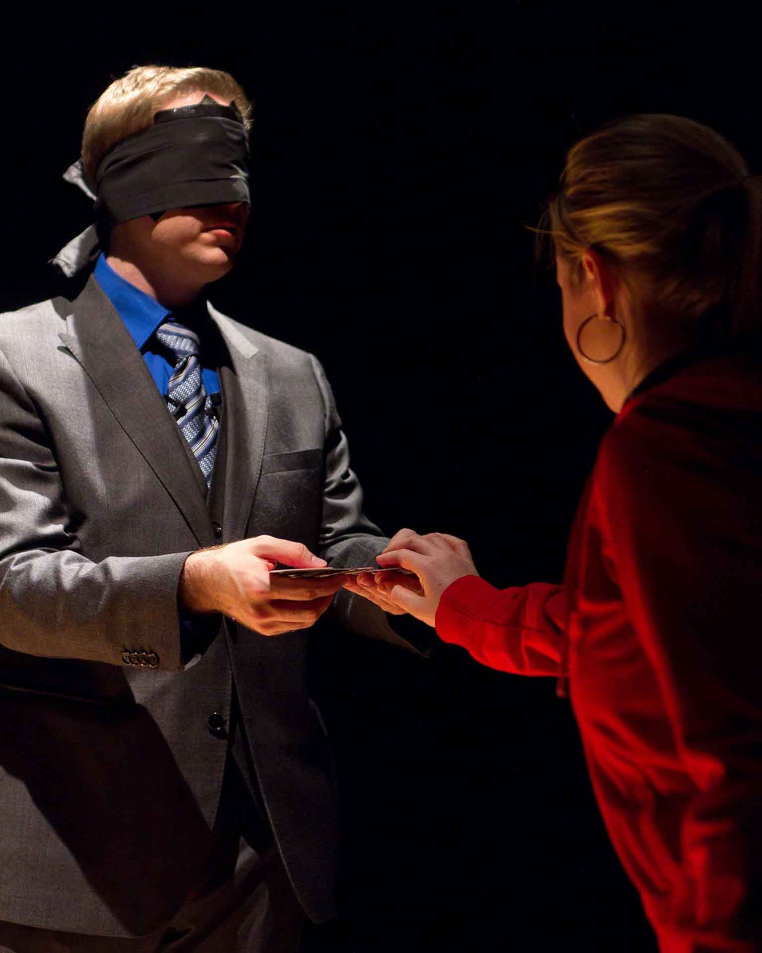 James Alan does a card trick blindfolded at the Wychwood Theatre in Toronto