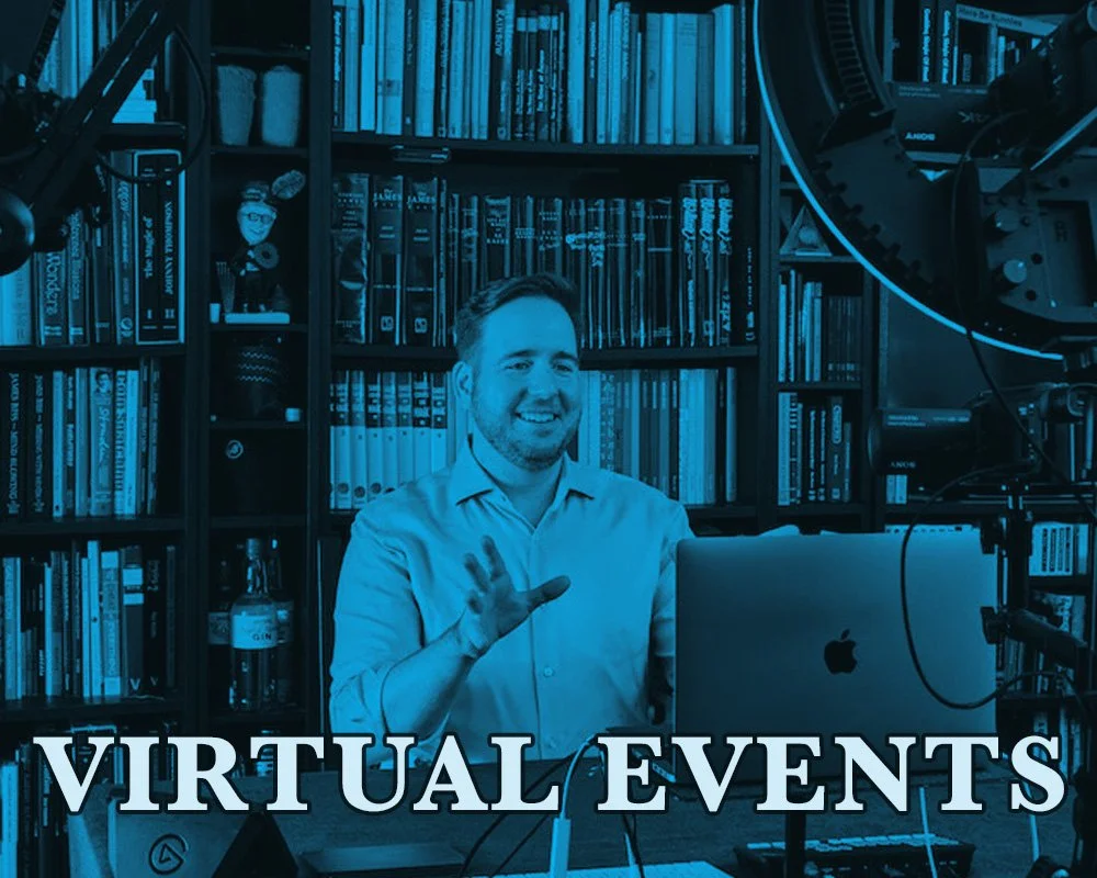Link to Virtual Events Page James Alan in a home video studio with ring light and bookcase