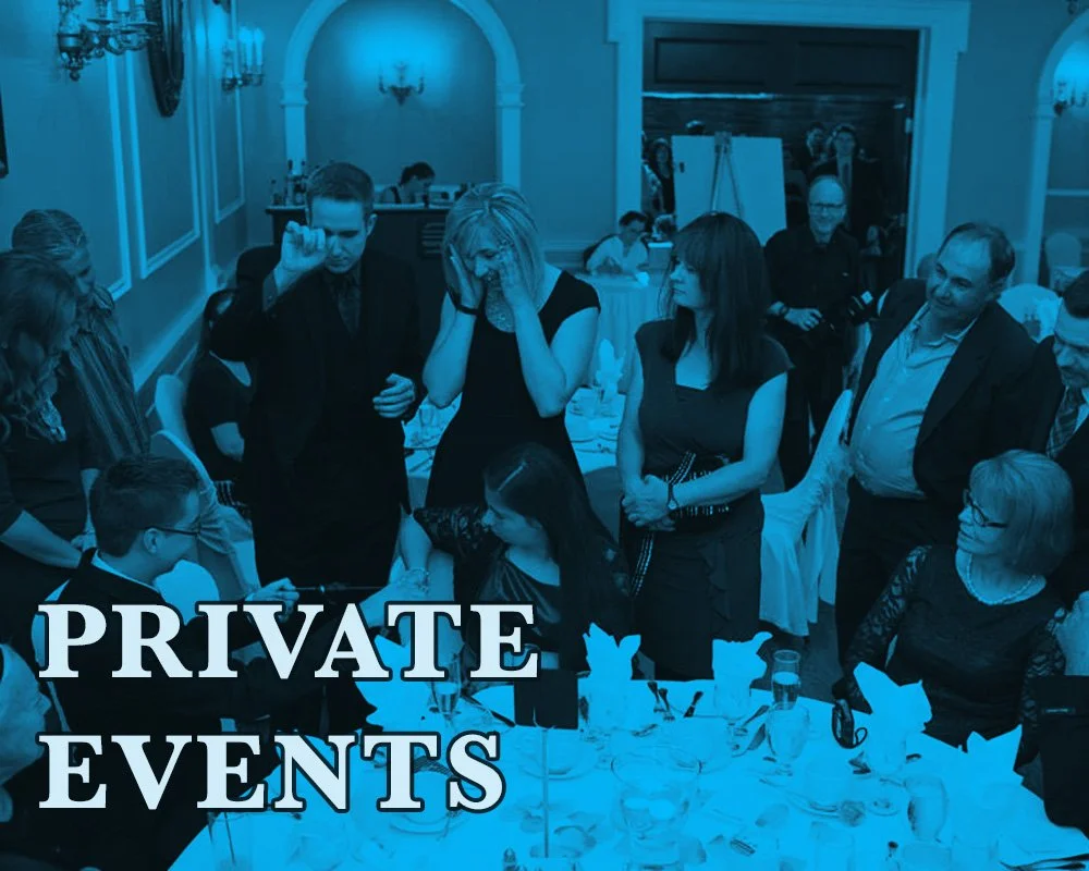 Link to Private Events Page James Alan doing close up magic at a wedding for a group around a banquet table