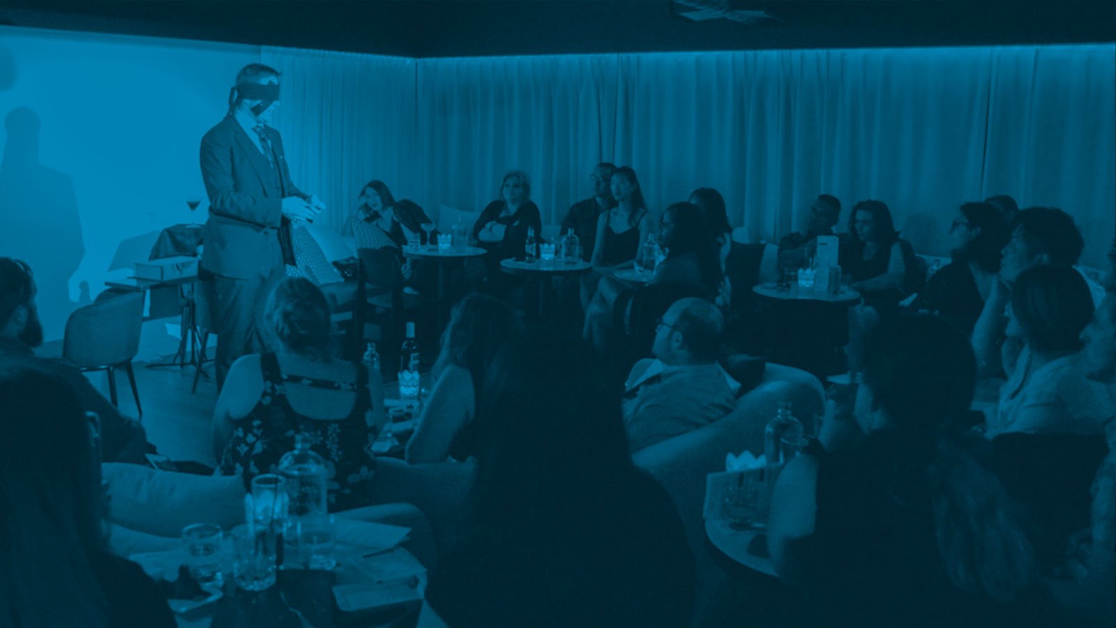 James Alan performs blindfolded for a small audience at Suite 114 in Toronto