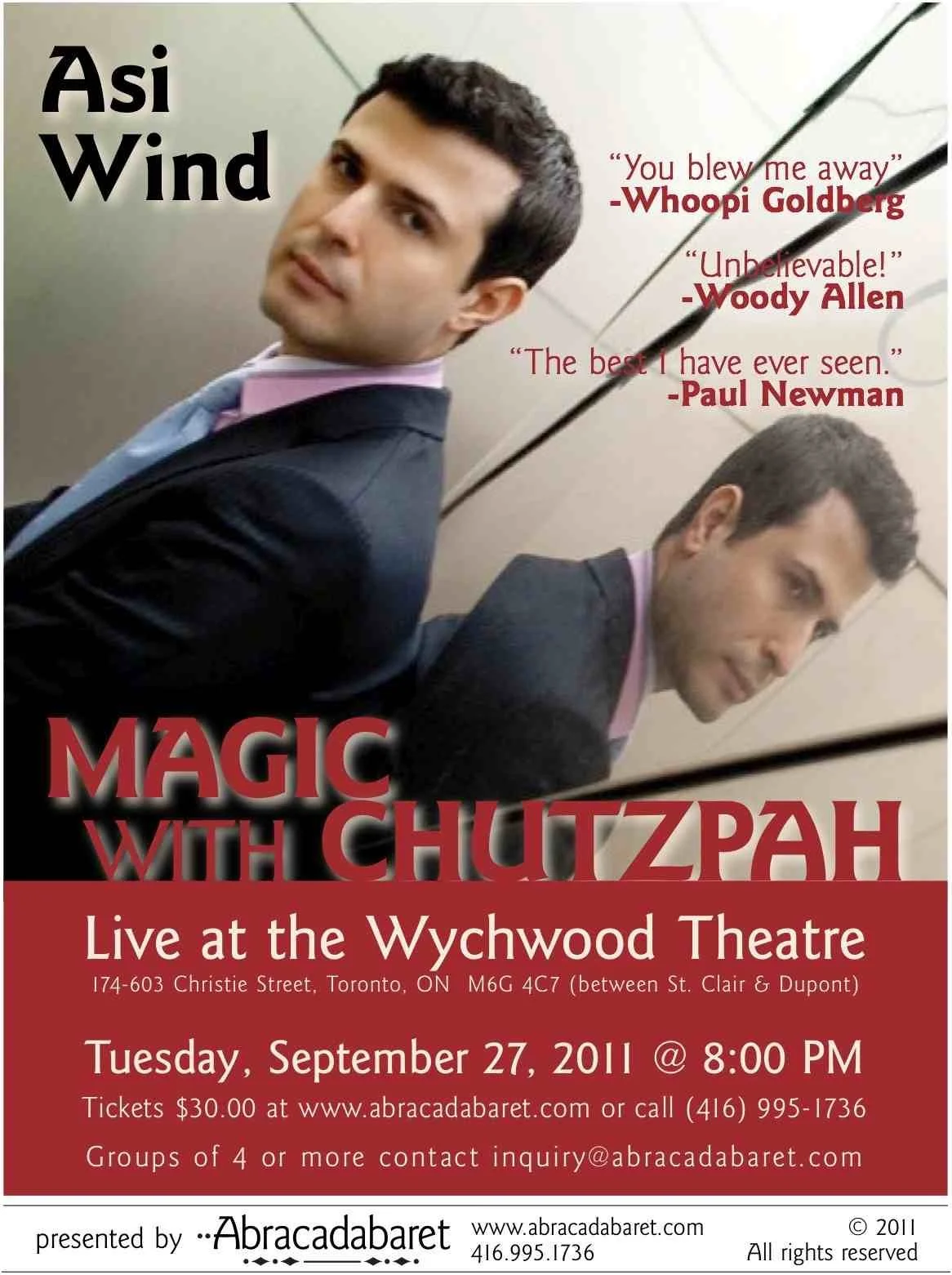 Poster for Magic with Chutzpah Wychwood Theatre Asi Wind leading against reflective glass