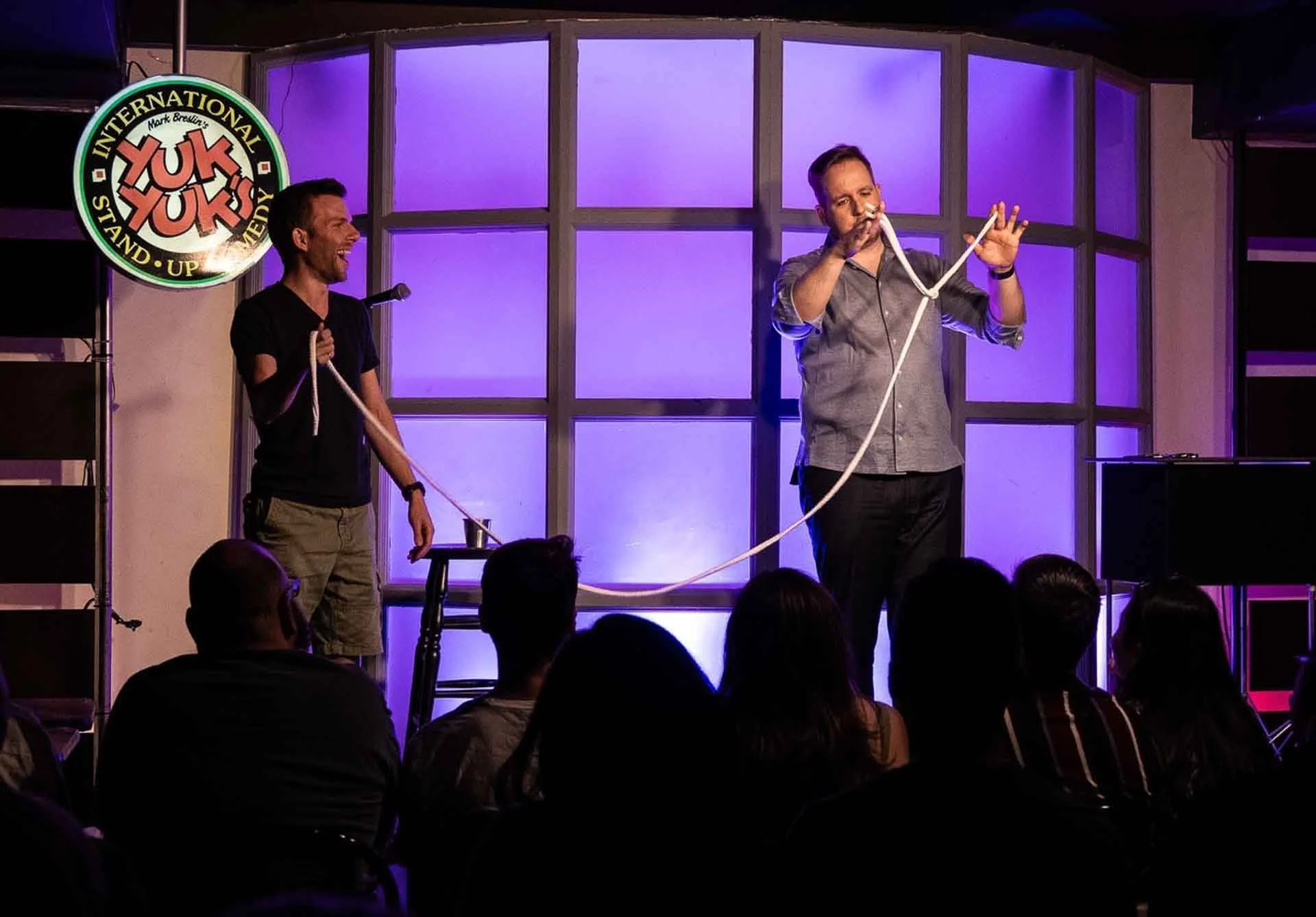James Alan does a rope trick on stage at YukYuks in Toronto