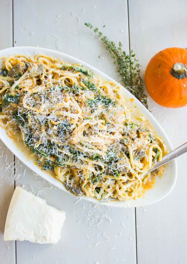 Kale Mushroom Pumpkin Alfredo Pasta 