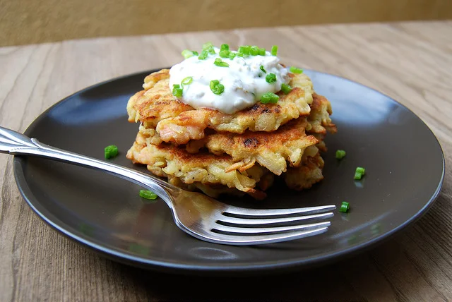 These smoked salmon latkes from Rachel Phipps are served with a lemon and caper sour cream. 