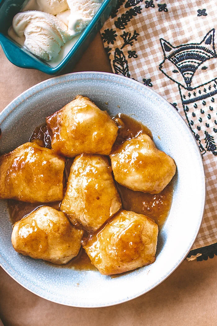 Peach Dumplings with Ginger Beer Sauce