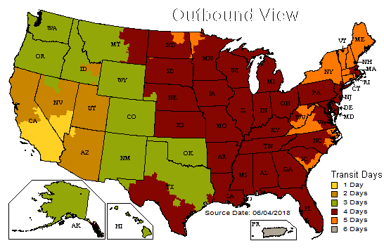 This map shows transit times for UPS Ground Shipping Service average 1-6 business days from our location to your destination..Transit times do not include weekends or postal holidays.
