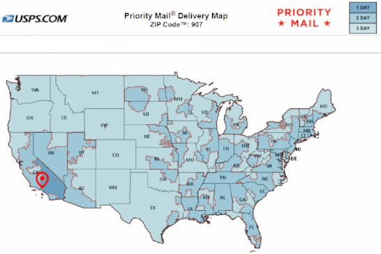 This map shows transit times for USPS Priority Mail and First Class Shipping Service average 1-3 business days from our location to your destination. Transit times do not include weekends or postal holidays.