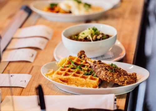 Our fried duck leg and Belgian waffle awaiting a hungry diner. 