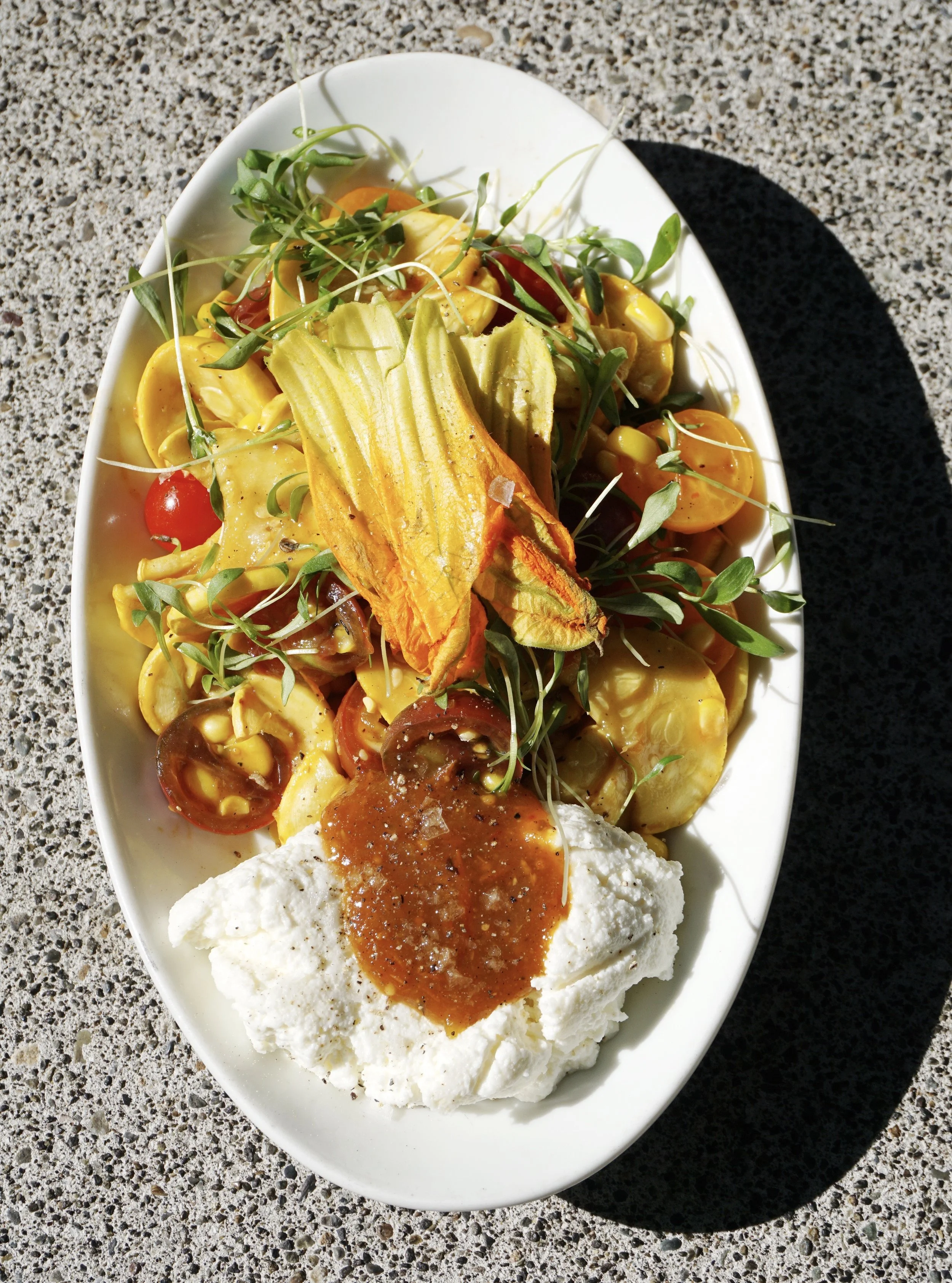 Calabasitas roasted summer squash, grilled corn, tomato jam, micro-cilantro & house made ricotta