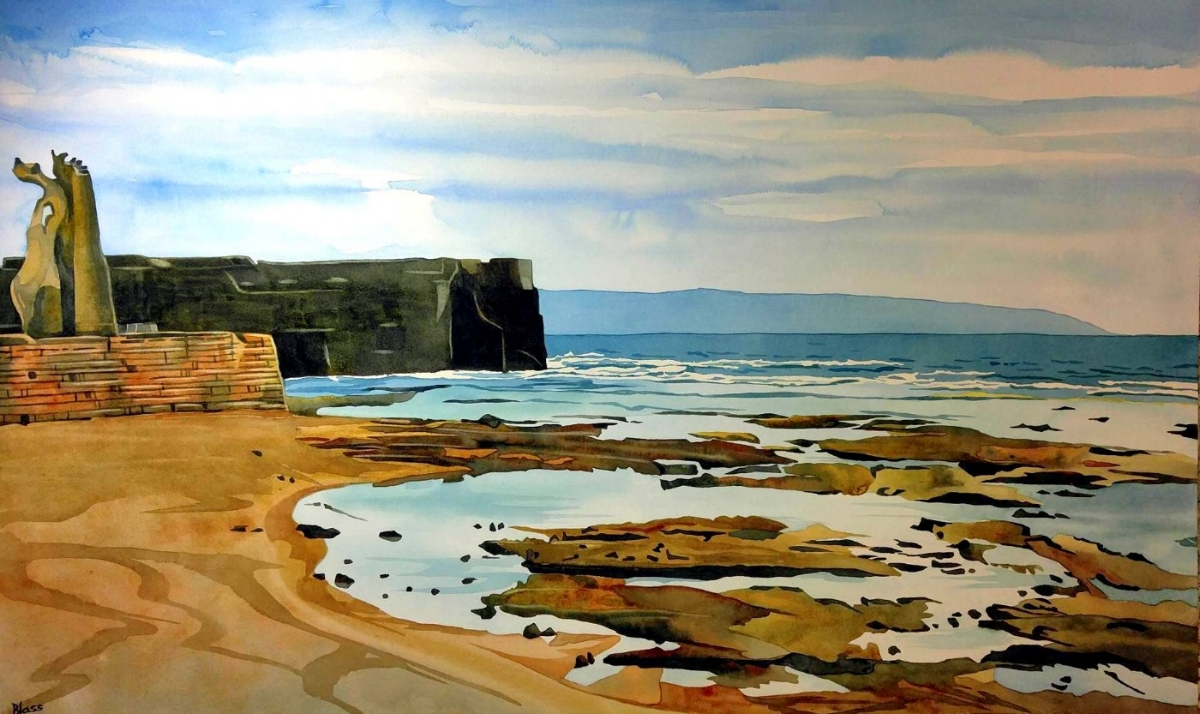 "Akko Beach (Echo Beach)" watercolour on board, 20x32" 