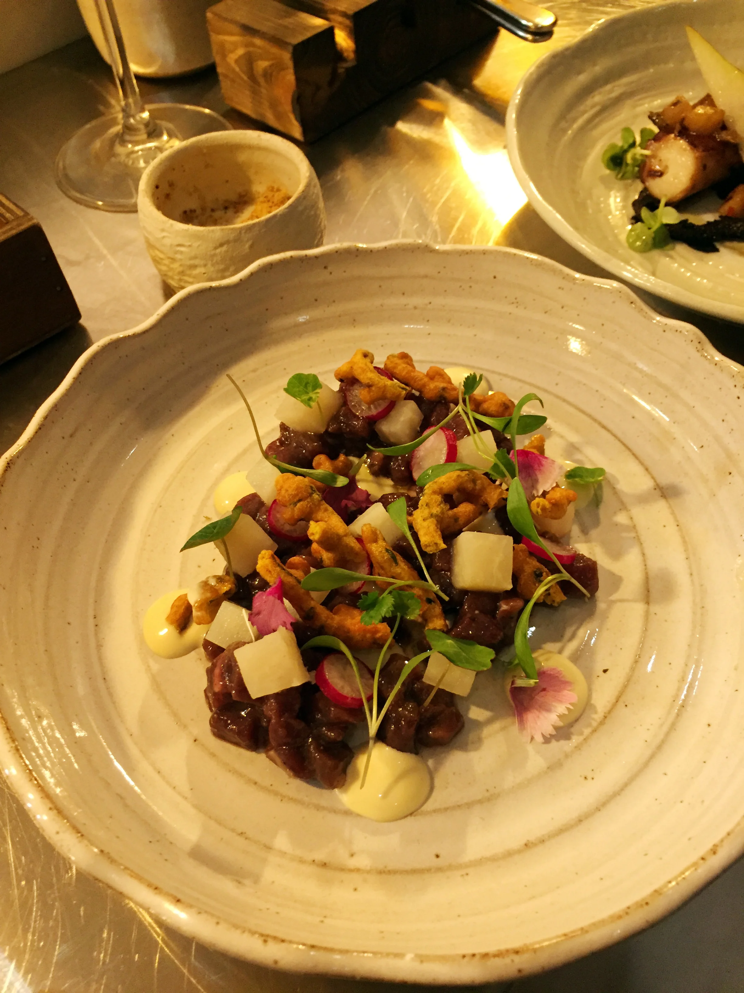 Venison Tartare, Oyster and Pickled Ginger Cream, Kohlrabi and Pakora Scraps