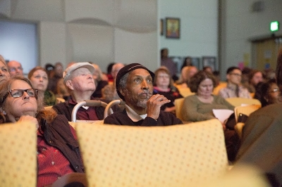   Mr. Ob Hill, Vanport survivor and community historian, at the Vanport Mosaic multimedia oral histories at PCC Cascade on 12/5/2015. (Photo by Intisar Abioto)  