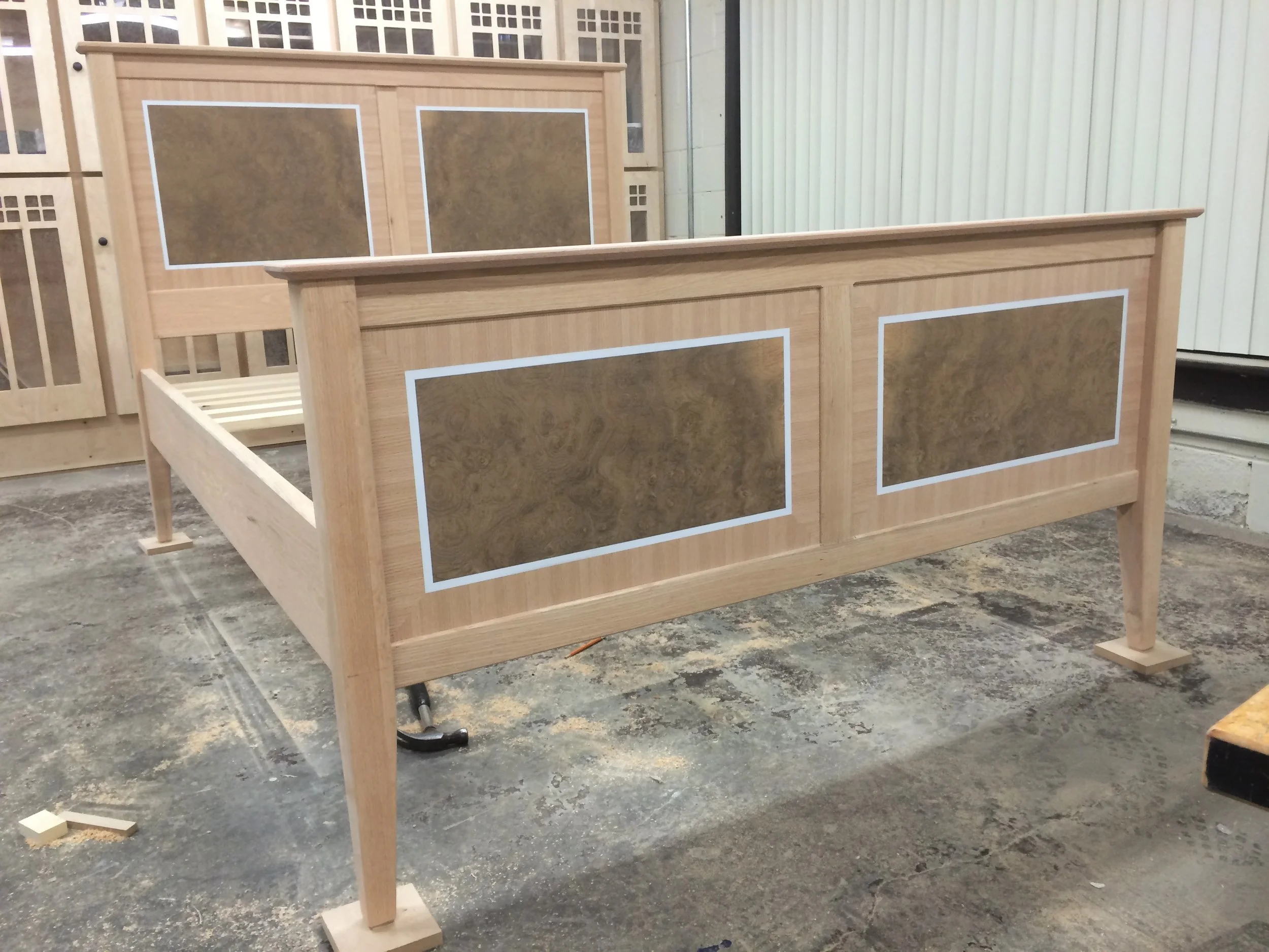 MAPA BURL QUARTER-CUT RED OAK CROSS-BANDED BED FRAME PANELS WITH FAUX IVORY INLAY 